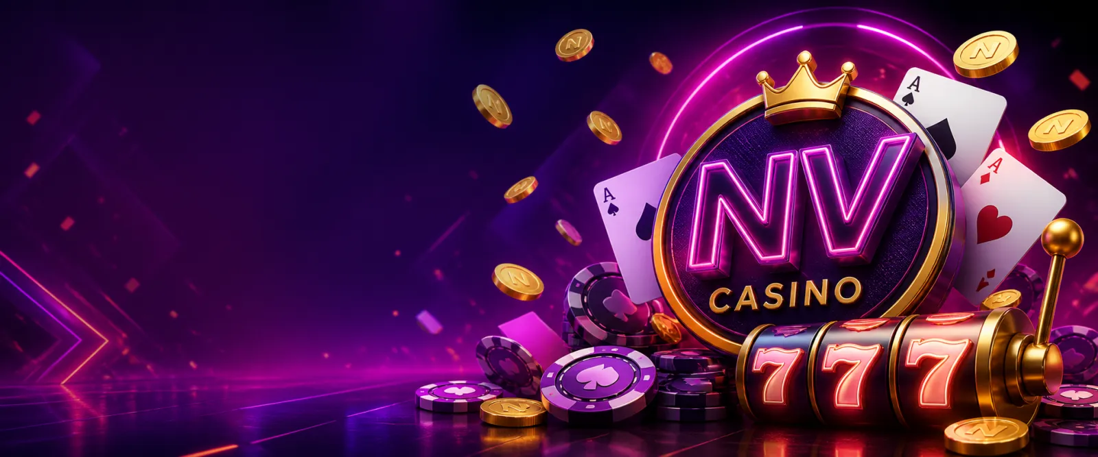 Bright neon-themed promotional banner for NV Casino with glowing purple-magenta atmosphere.